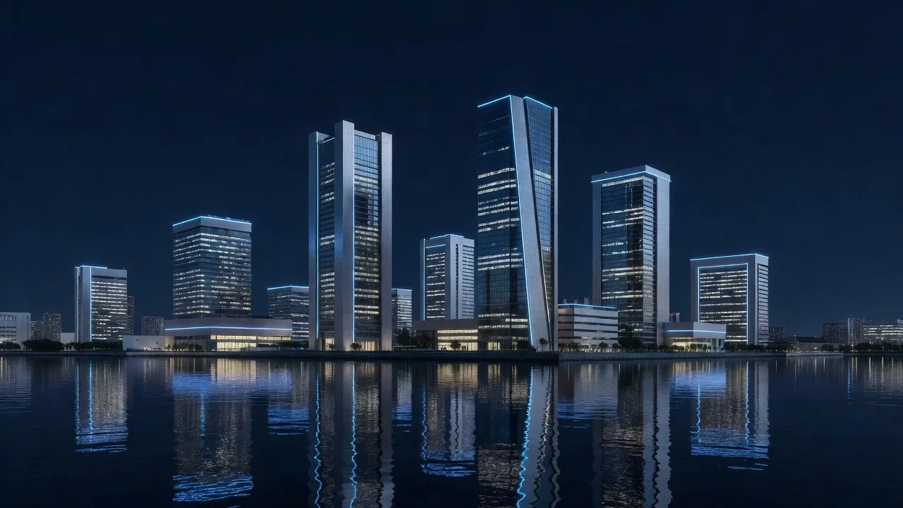 水辺に高層ビルが建ち並ぶ夜のスマートシティのイメージ